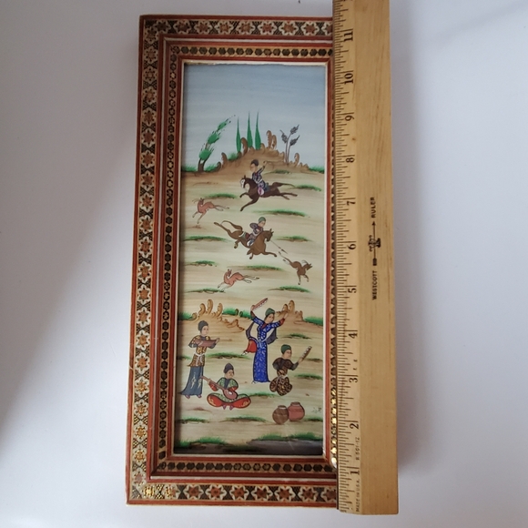 Vintage Iranian Persian Painting Hunting Scene Musicians Khatam Marquetry Frame - Picture 12 of 13
